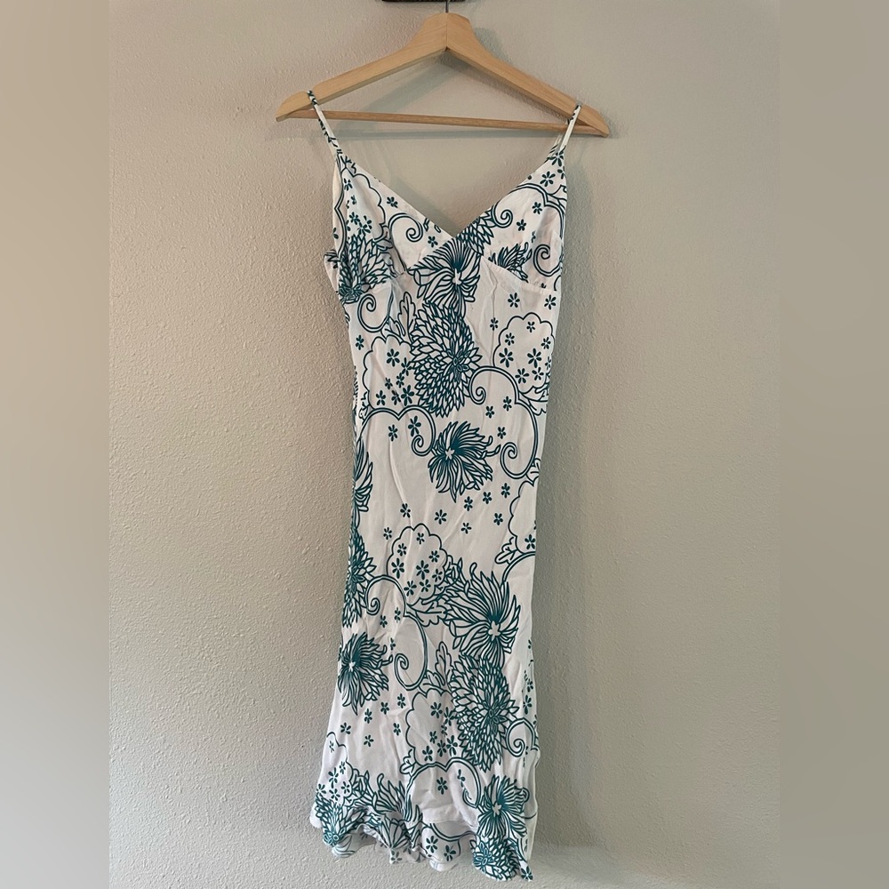 Floral White and Blue-Green Dress